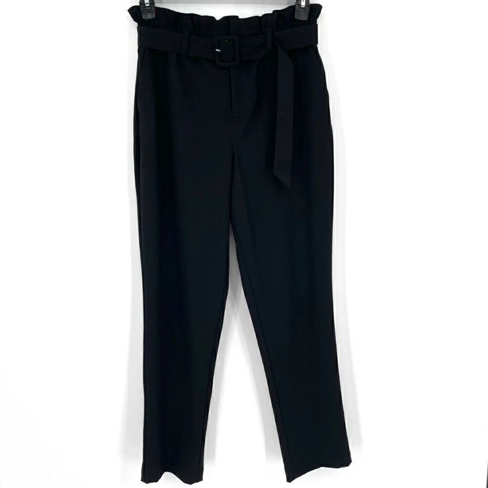 ‎Danielle Bernstein Black Pleated Belted Paperbag Waist Straight Leg Pants Small